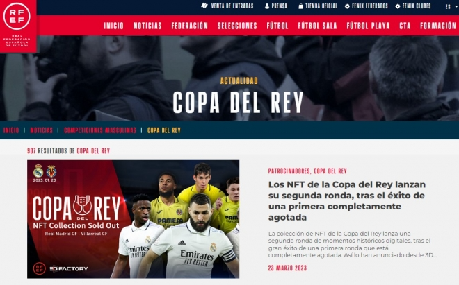 RFEF 공식 홈페이지에 게재된 쓰리디팩토리의 코파델레이 NFT 발행 공지