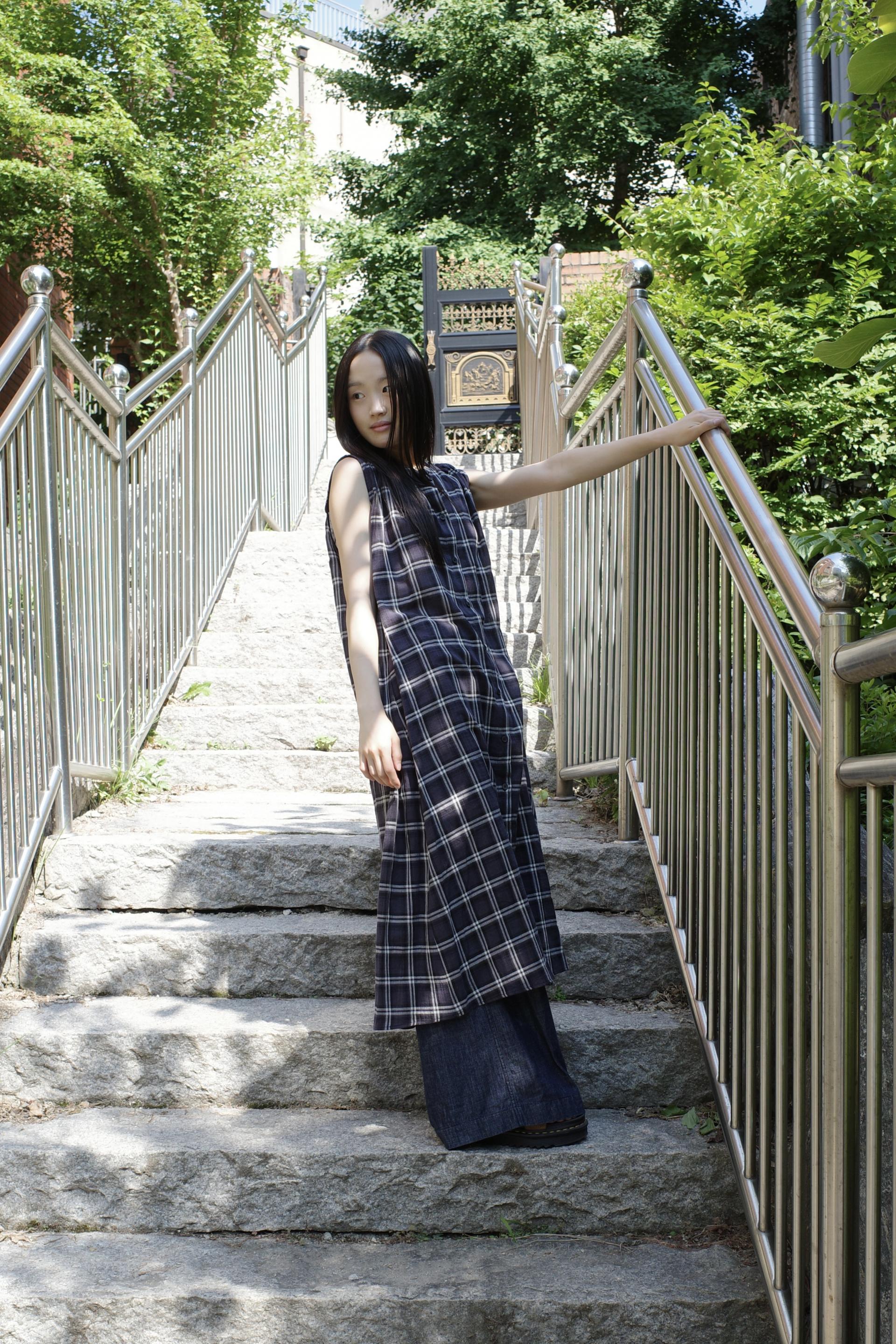Check Sleeveless Dress / Dark Navy
