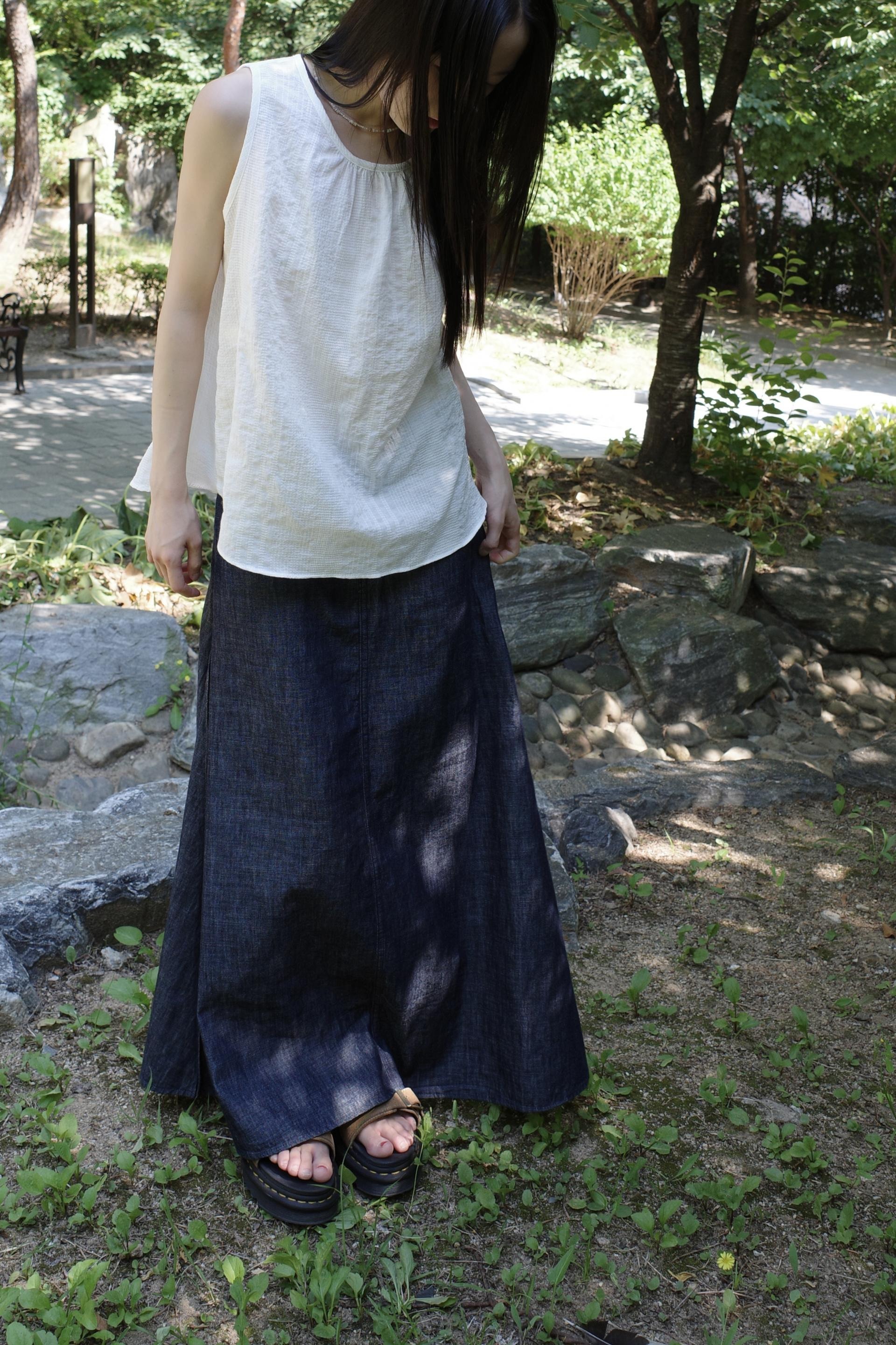 [3th] Side Fold Long Skirt / Denim
