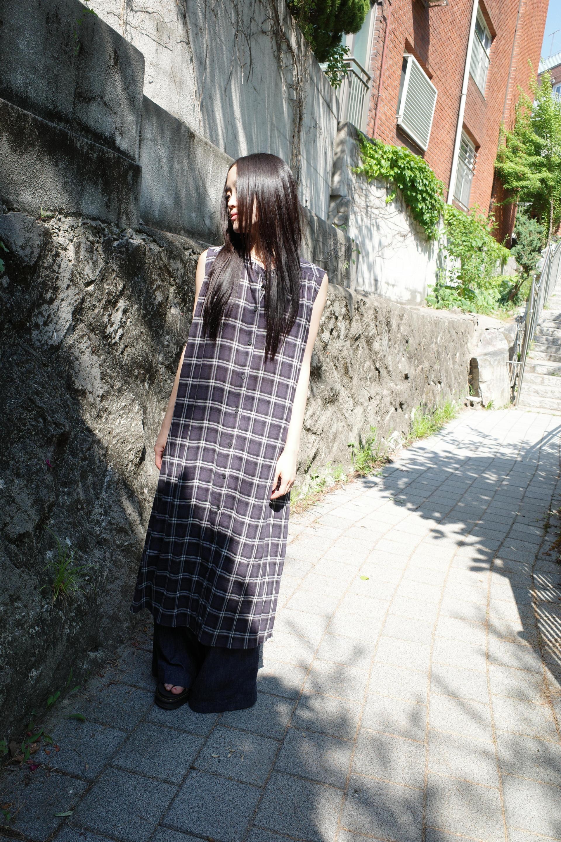 Check Sleeveless Dress / Dark Navy