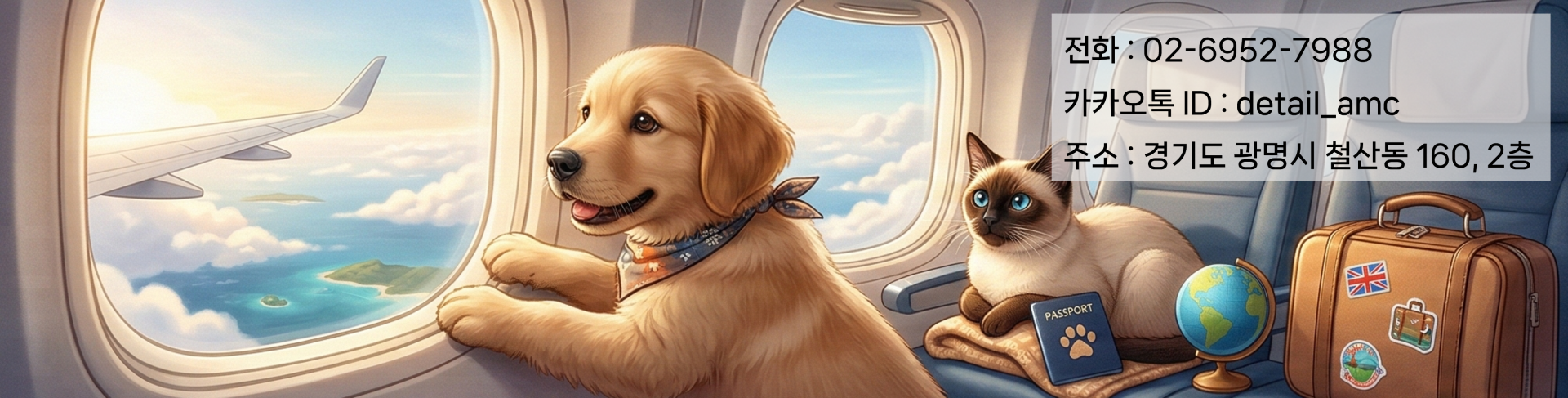 강아지 고양이가 비행기타고 여행하는 이미지