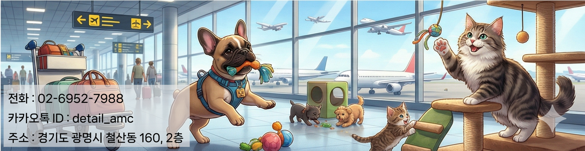 강아지 고양이가 공항에서 노는 모습