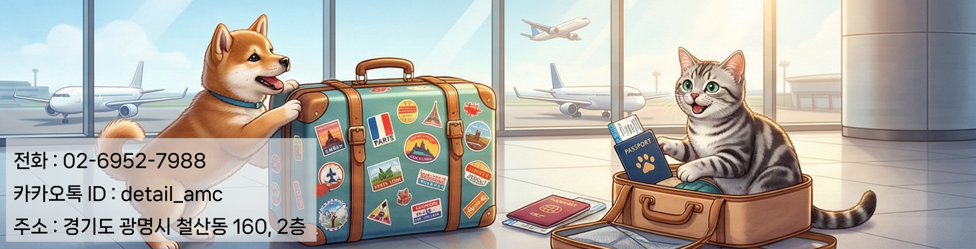 강아지 고양이가 공항에서 여행 준비하는 모습