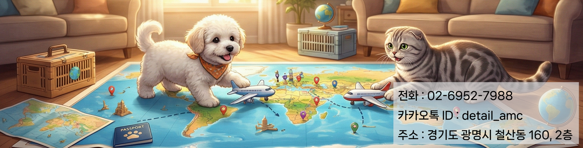 강아지 고양이가 여행 계획하는 모습