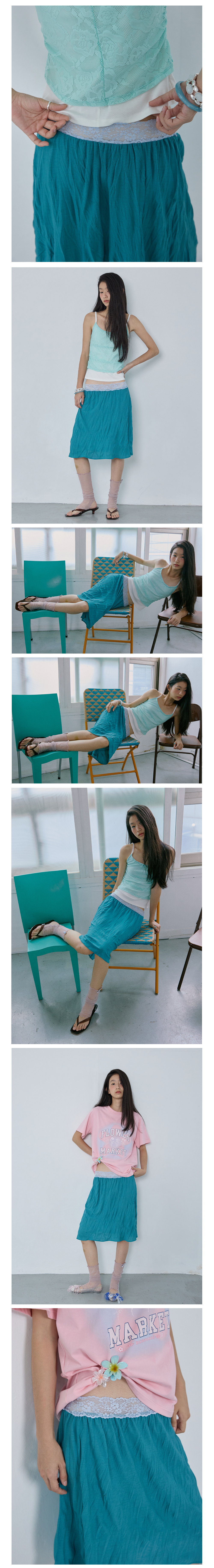 Lace Banding Pleats Skirt_Teal Green