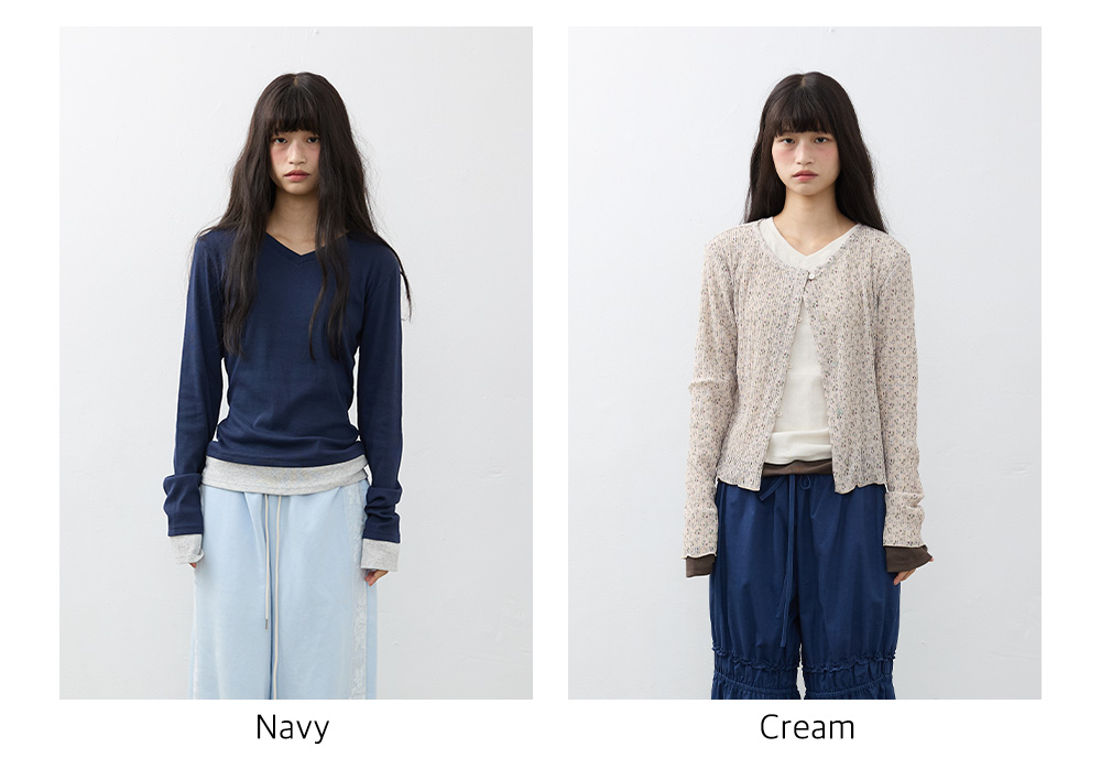 Two-Tone Layered V-Neck Tee_Cream
