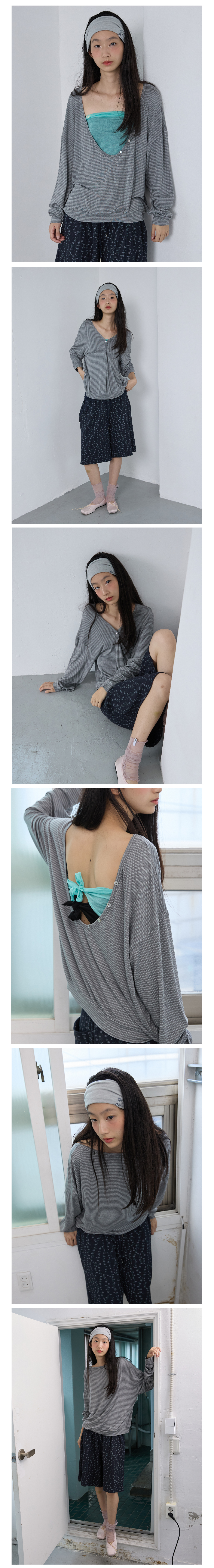 Essential Stripe Deep V-Neck Tee_Grey