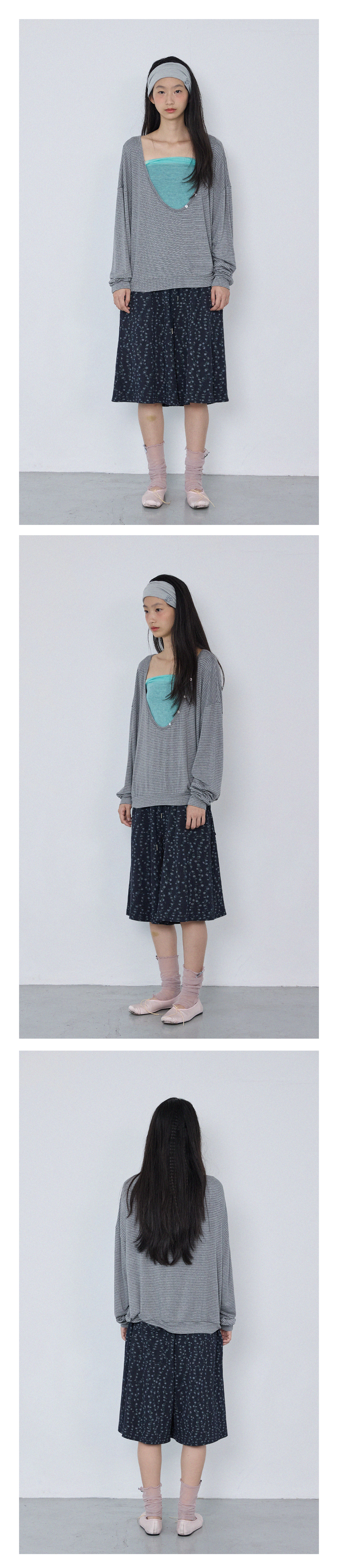Essential Stripe Deep V-Neck Tee_Grey
