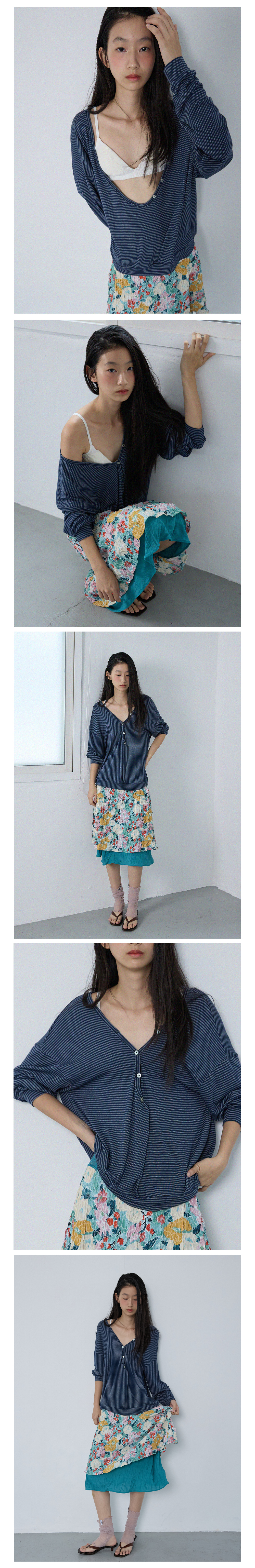 Essential Stripe Deep V-Neck Tee_Navy