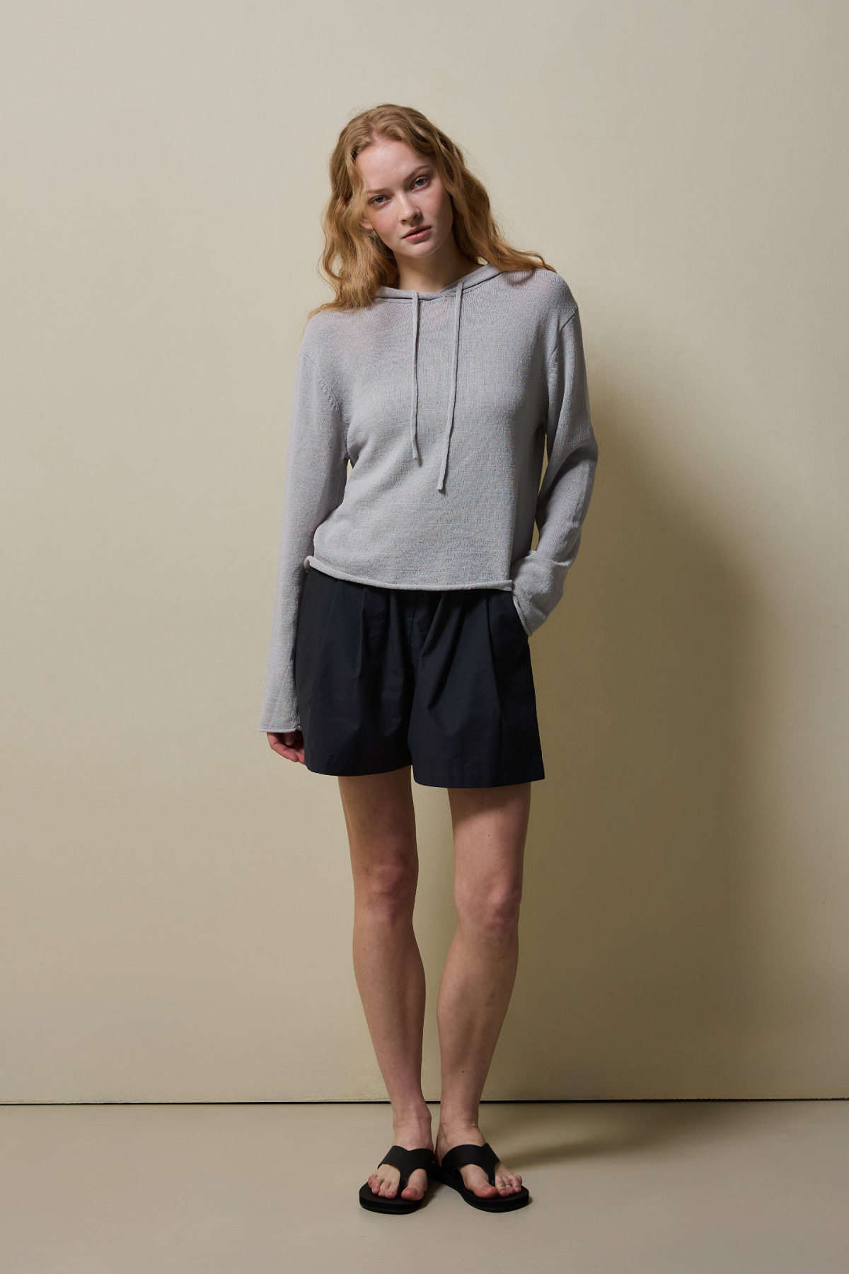 Airy Linen Blend Slim Knit Hoodie _Soft Grey