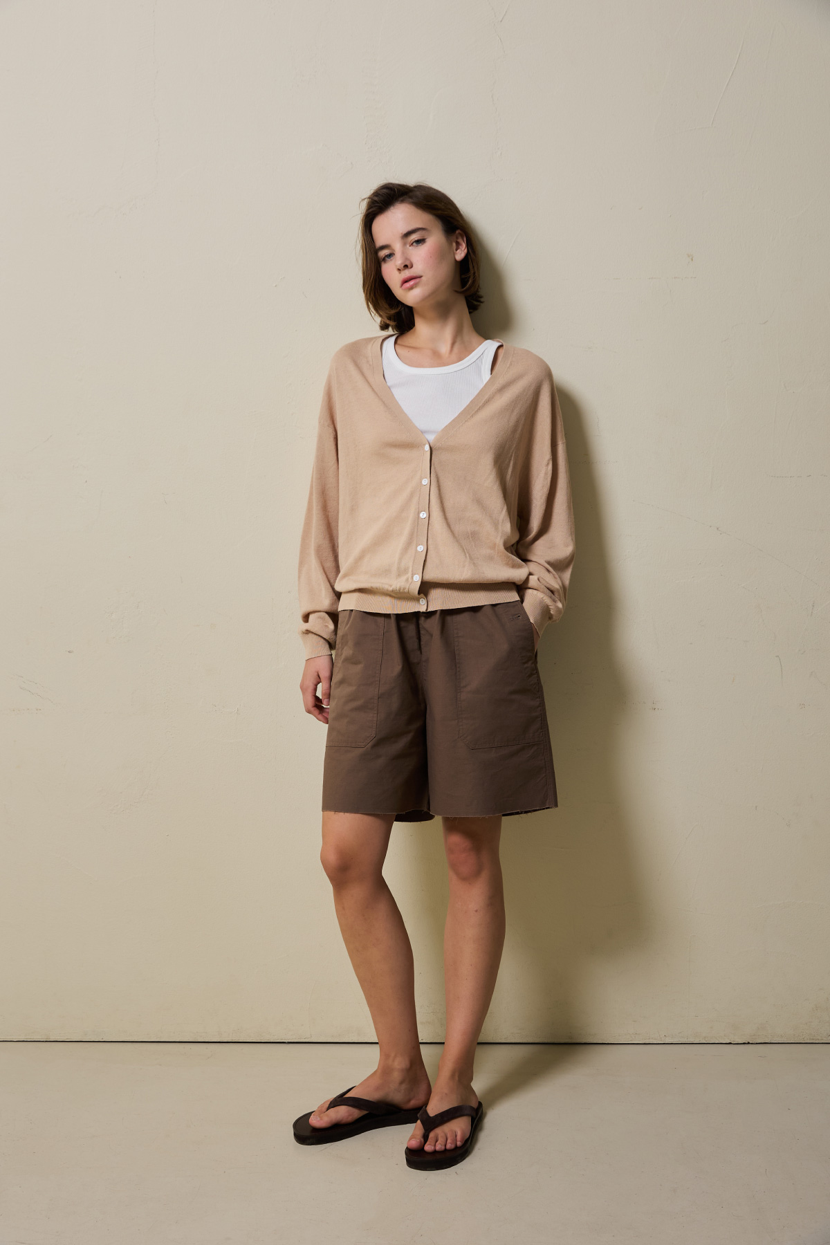 Linen Cotton Loose Fit Knit Cardigan _ Neutral Beige