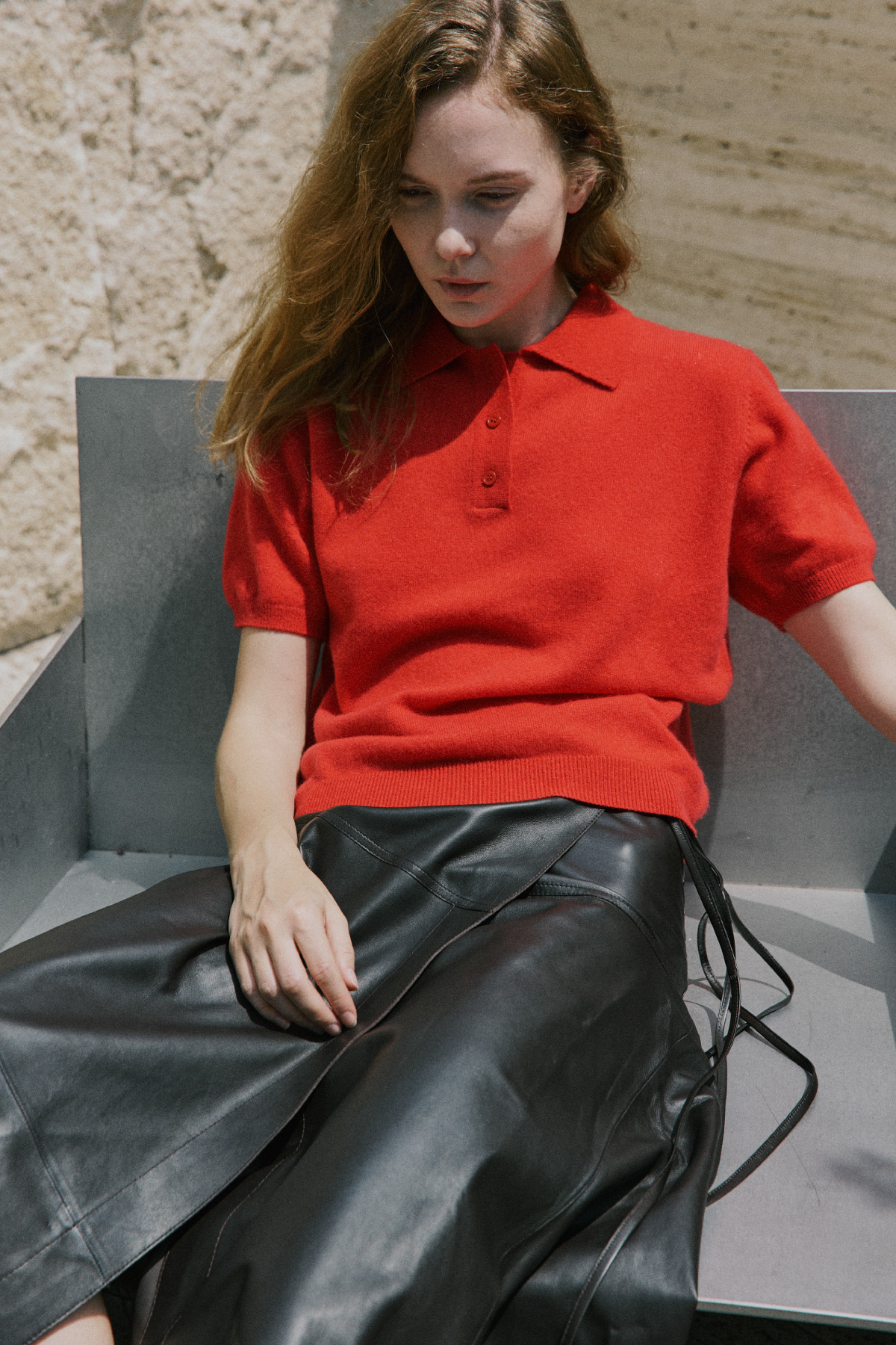 100%Premium Cashmere Polo Knit_Red 100%프리미엄 캐시미어 카라 반팔 니트_레드