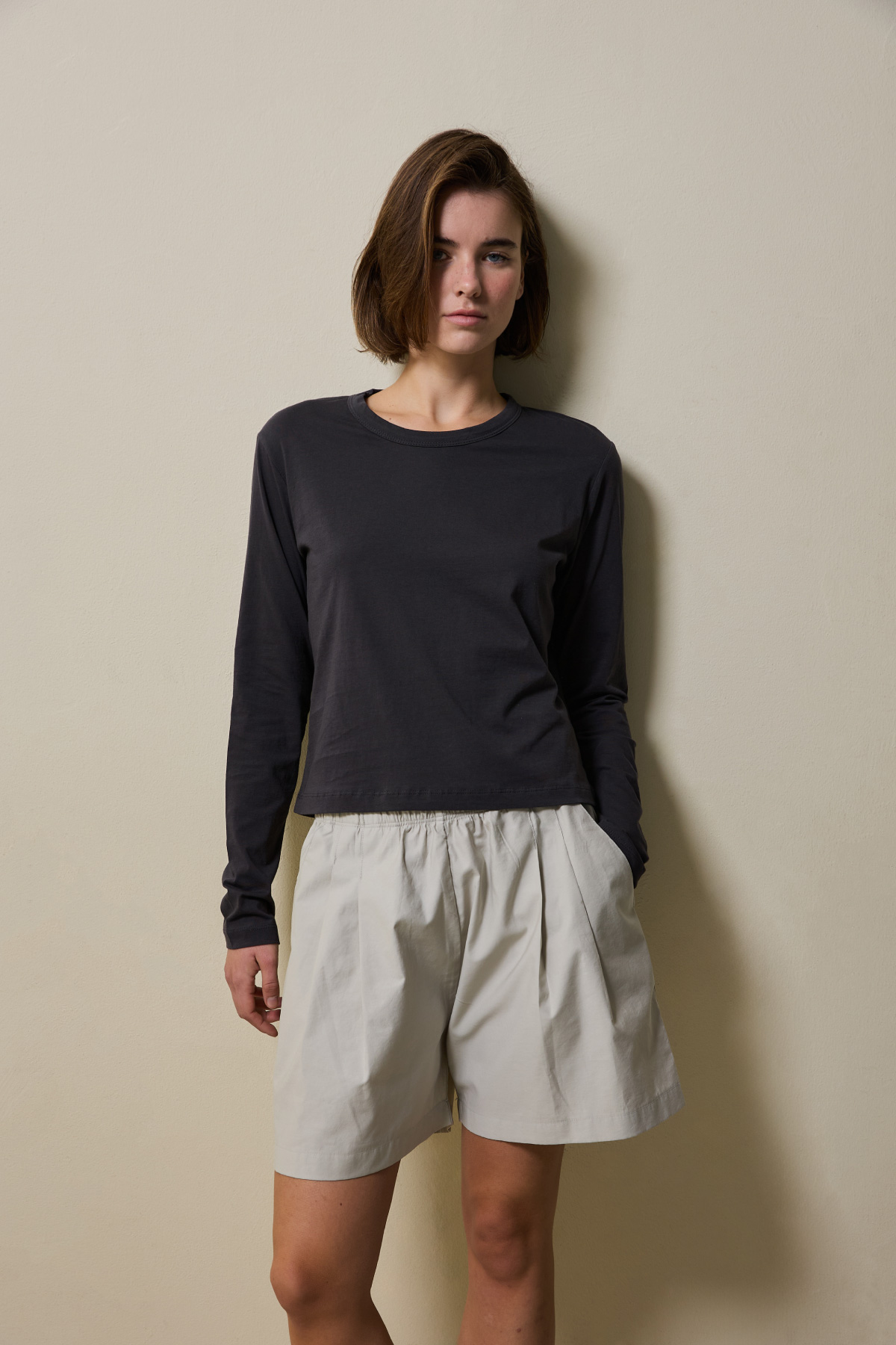 Cotton Basic Slim Long Sleeve T-Shirt _ Deep Charcoa