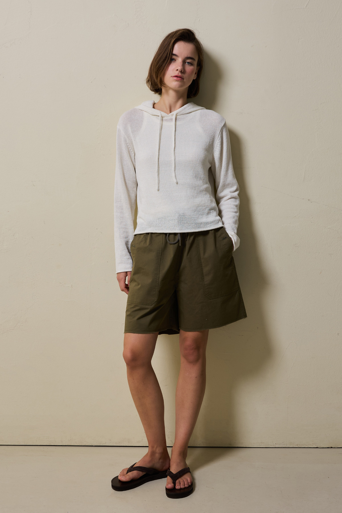 Airy Linen Blend Slim Knit Hoodie _ Natural Ivory