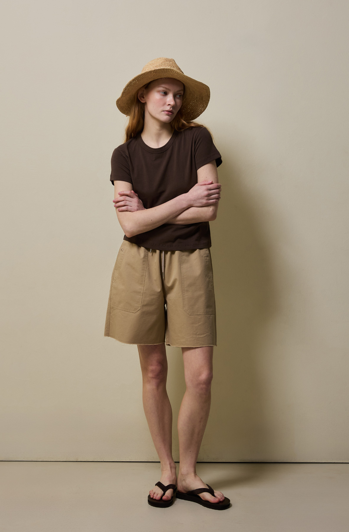 Cotton Utility Banding Half Pants _ Sand Camel