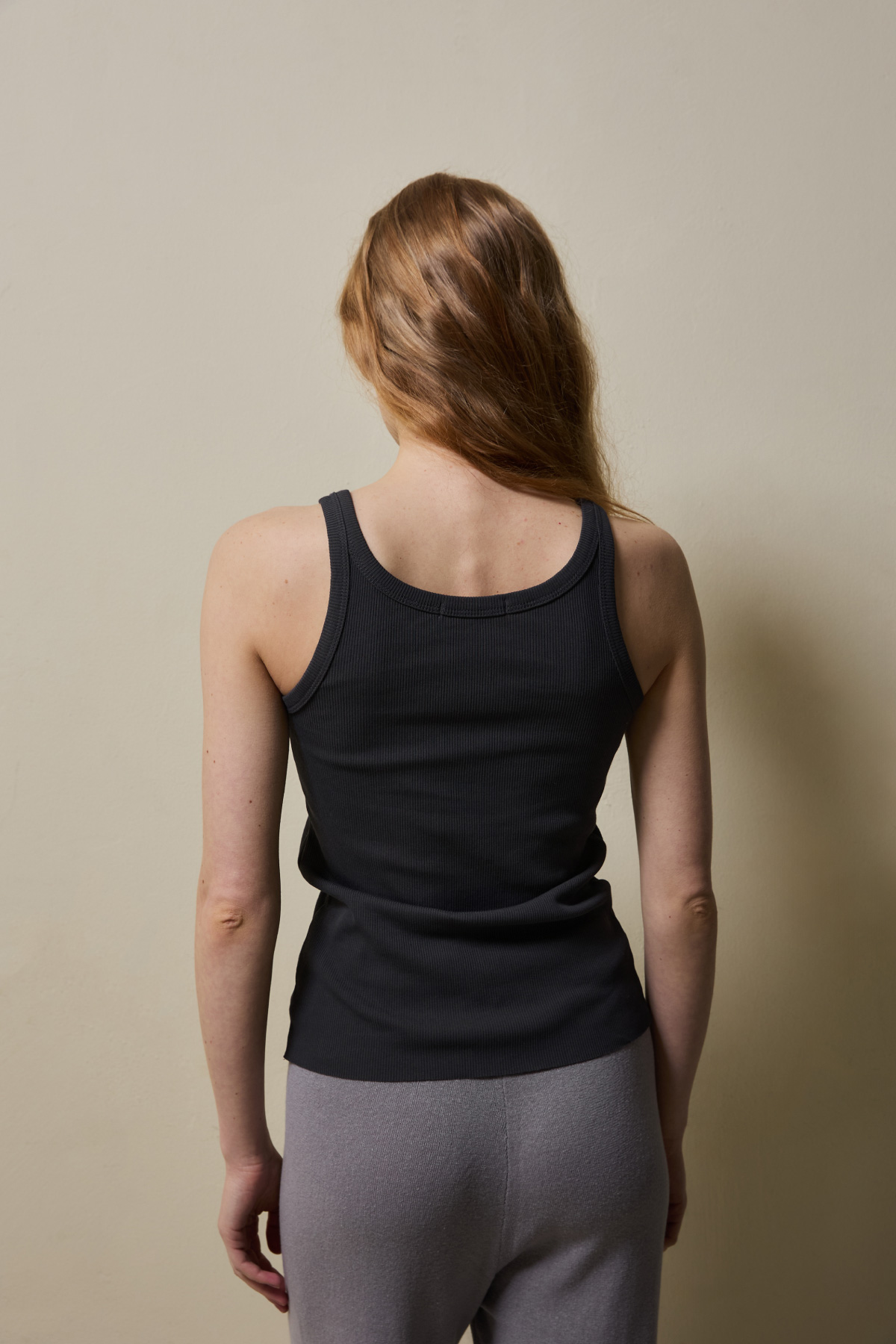 Cotton Rib Slim Sleeveless Top _ Deep Charcoal