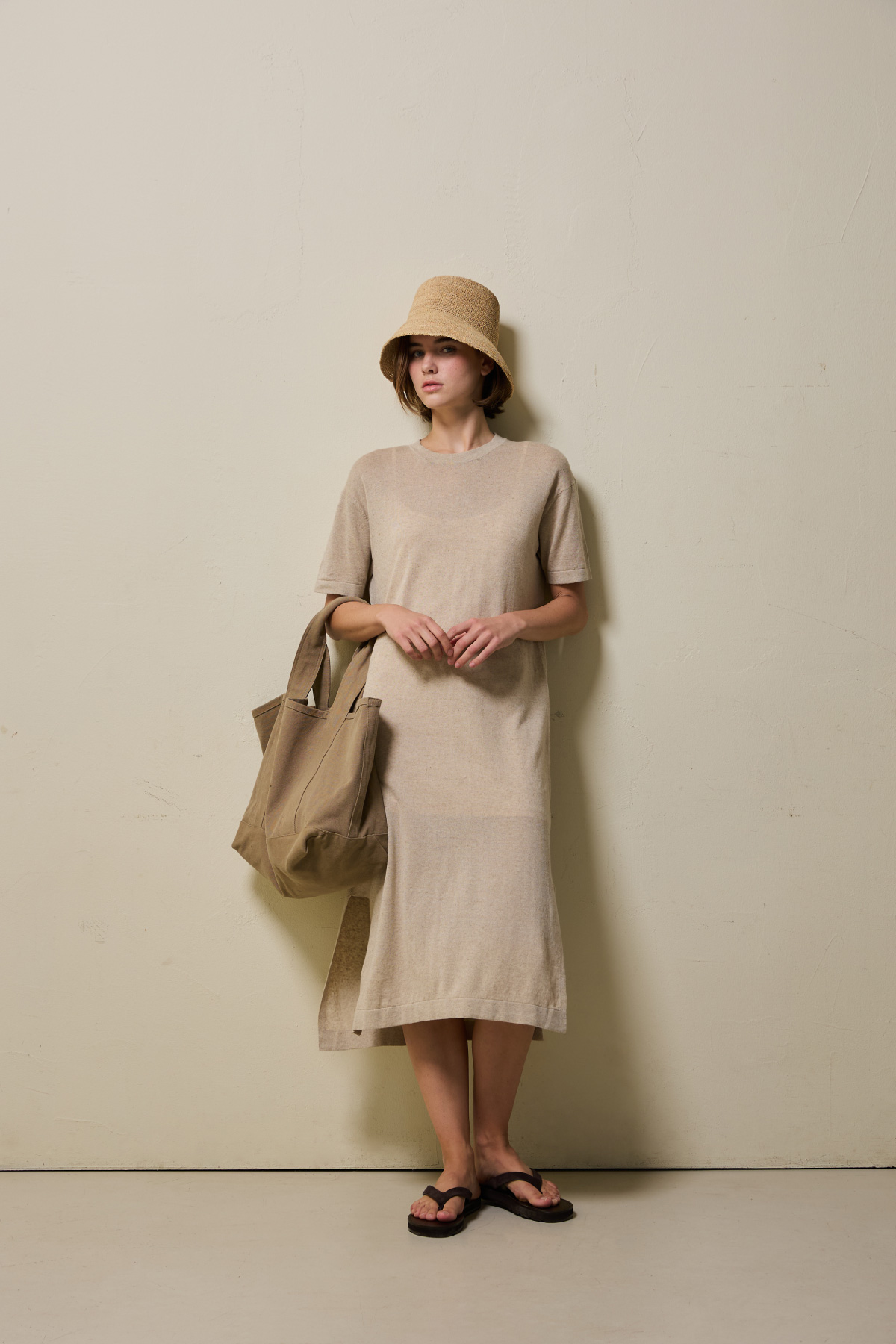 Linen Cotton Knit Long Dress (Slip Set) _ Sand Beige