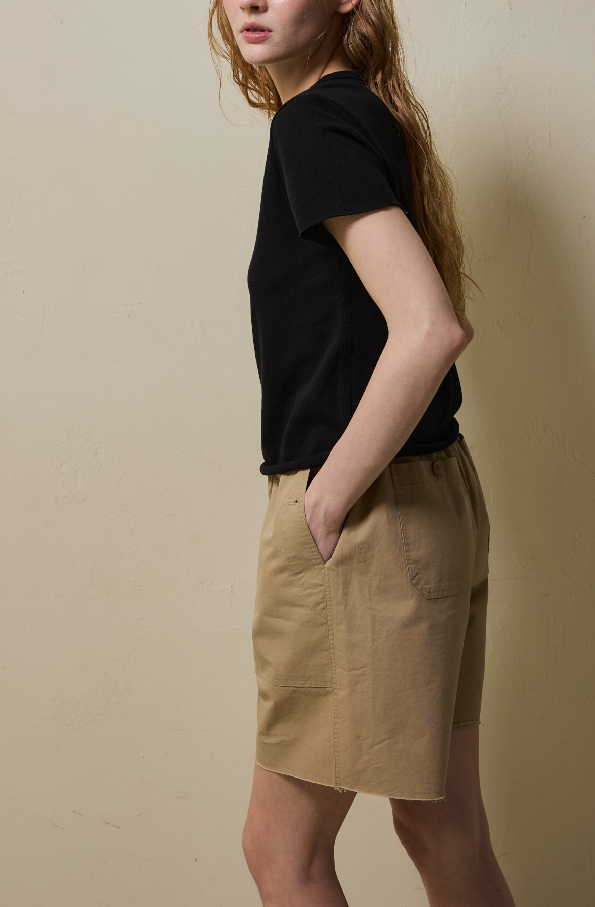 Cotton Utility Banding Half Pants _ Sand Camel