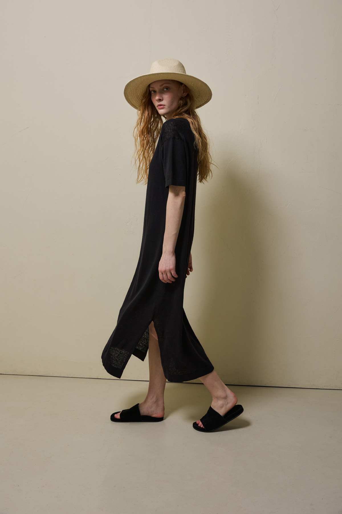 Linen Cotton Knit Long Dress (Slip Set) _ Pure Black