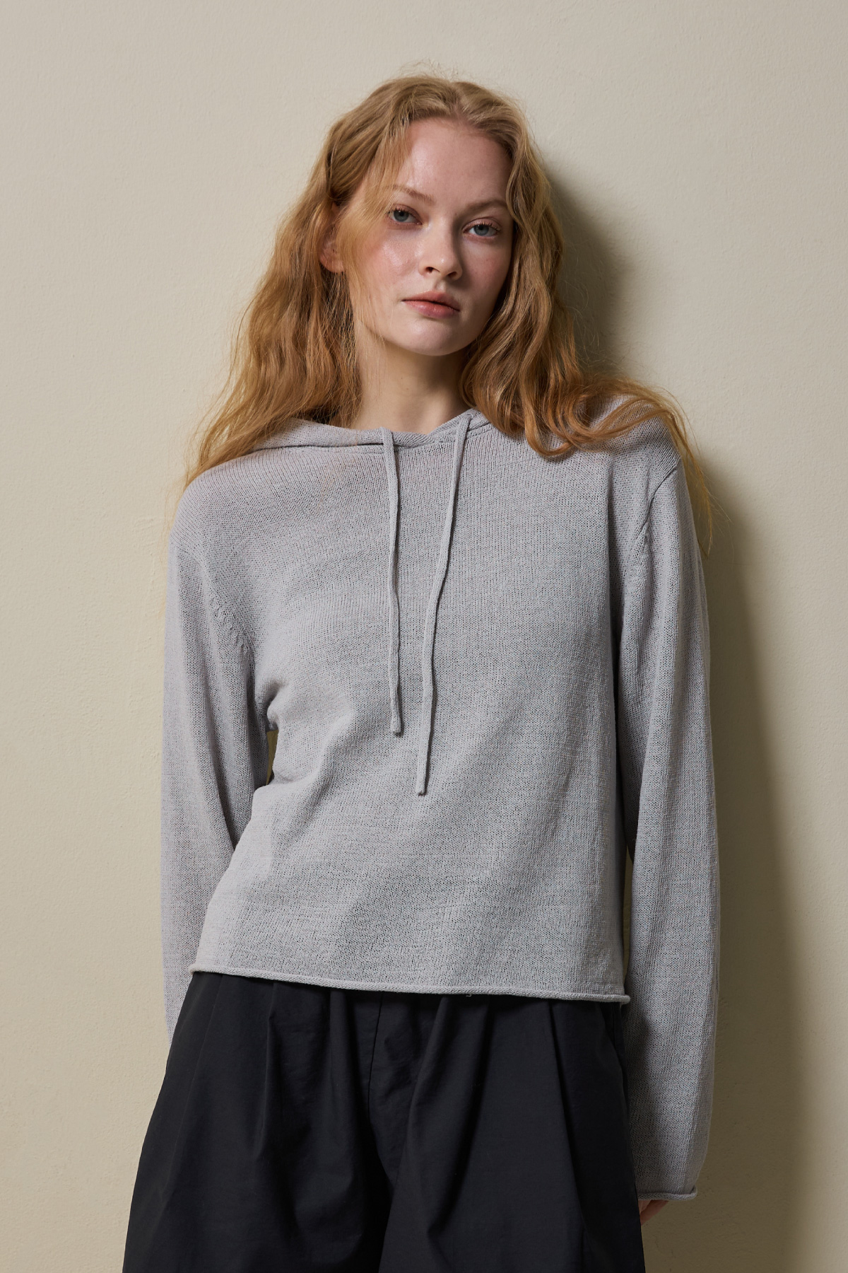 Airy Linen Blend Slim Knit Hoodie _Soft Grey