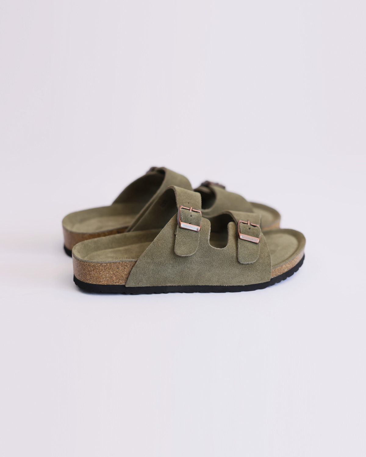 Suede Leather Double Buckle Slide Sandals_Sand Beige