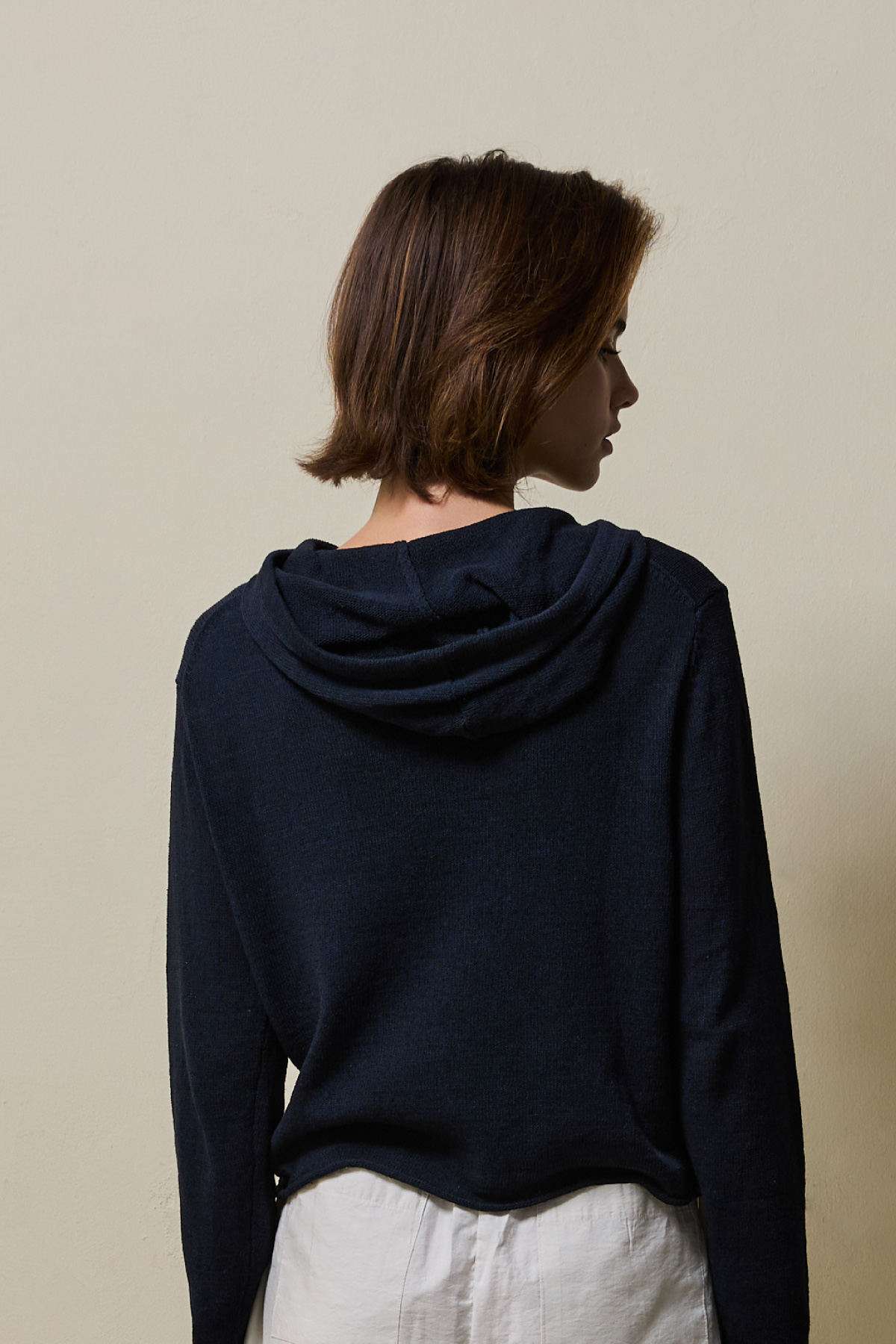 Airy Linen Blend Slim Knit Hoodie _ Deep Navy
