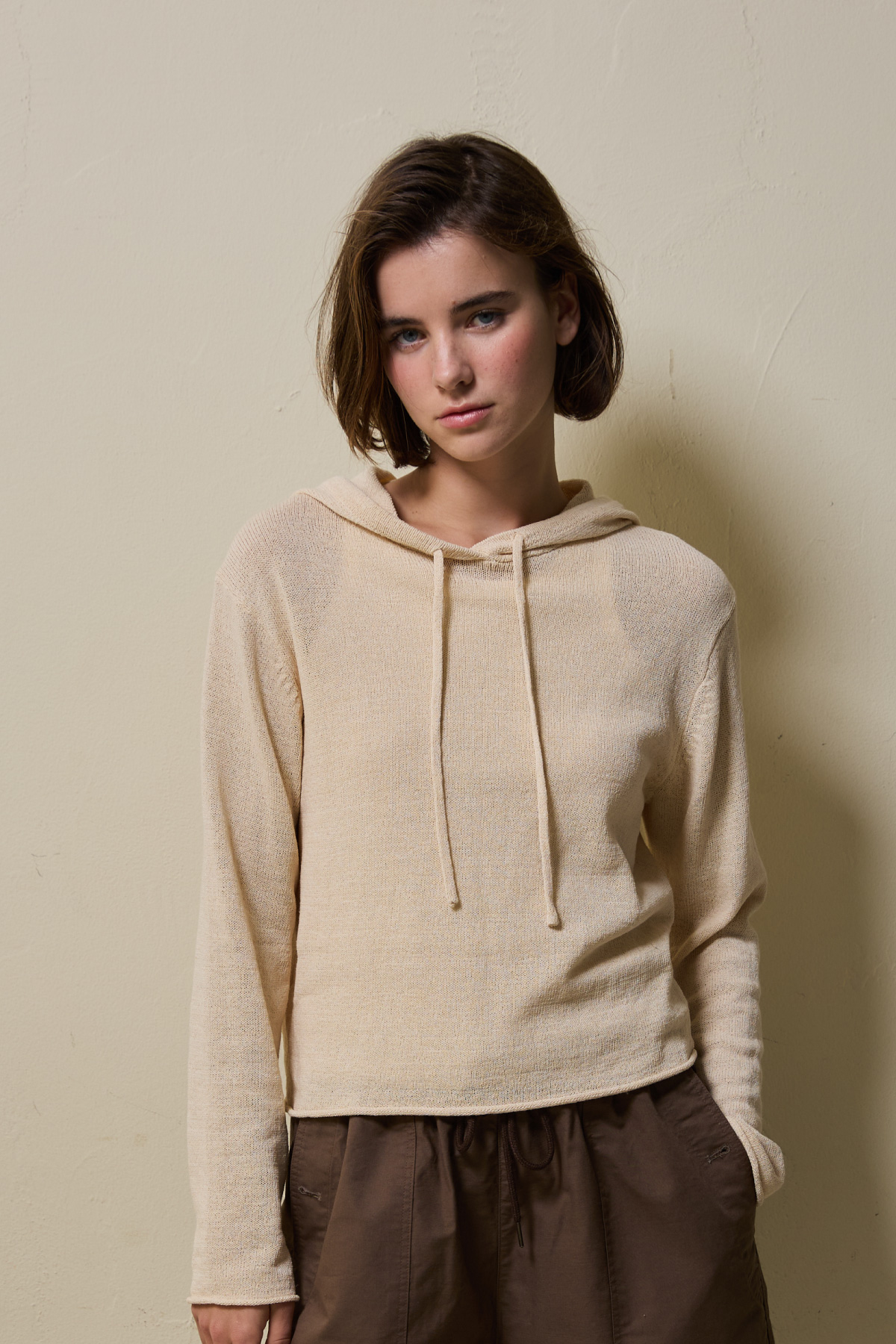 Airy Linen Blend Slim Knit Hoodie _ Soft Light Beige