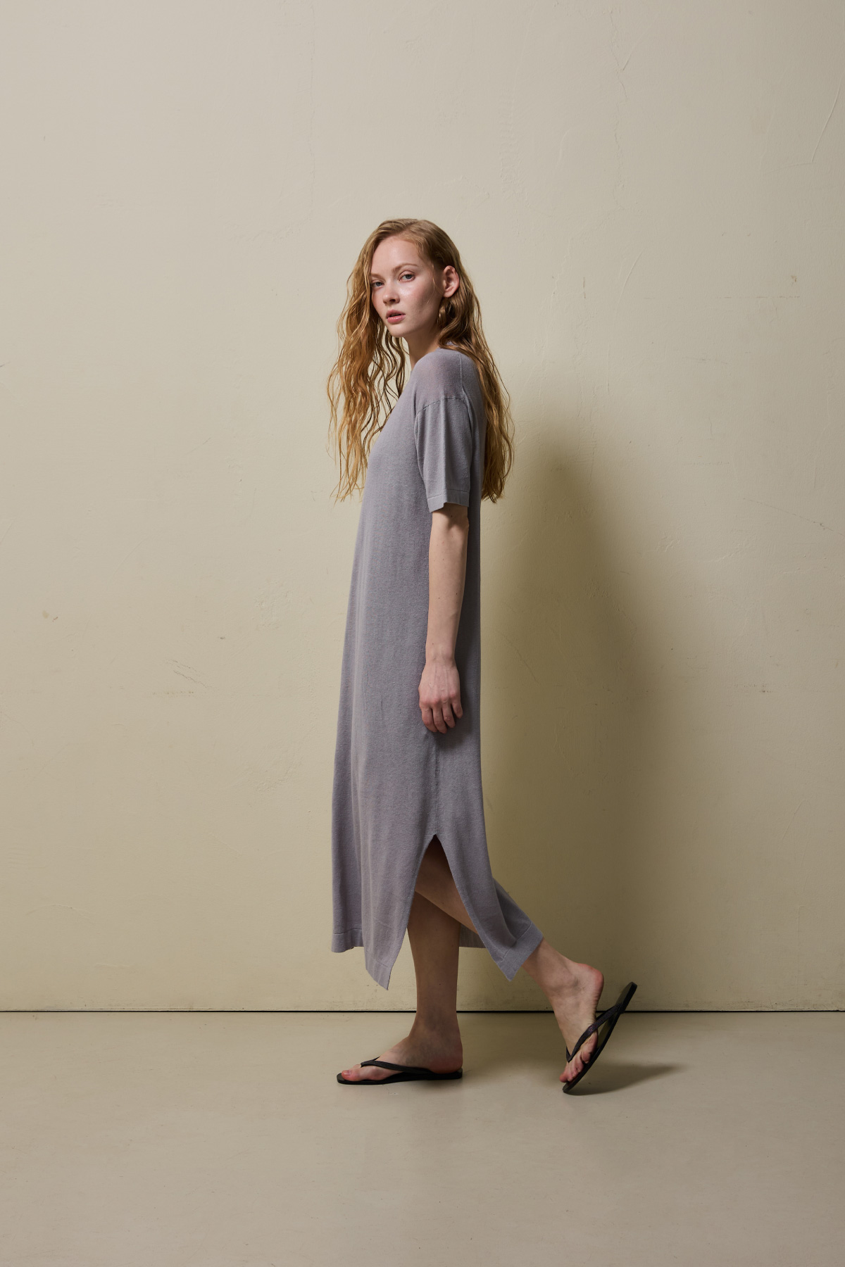 Linen Cotton Knit Long Dress (Slip Set) _ Cool Grey