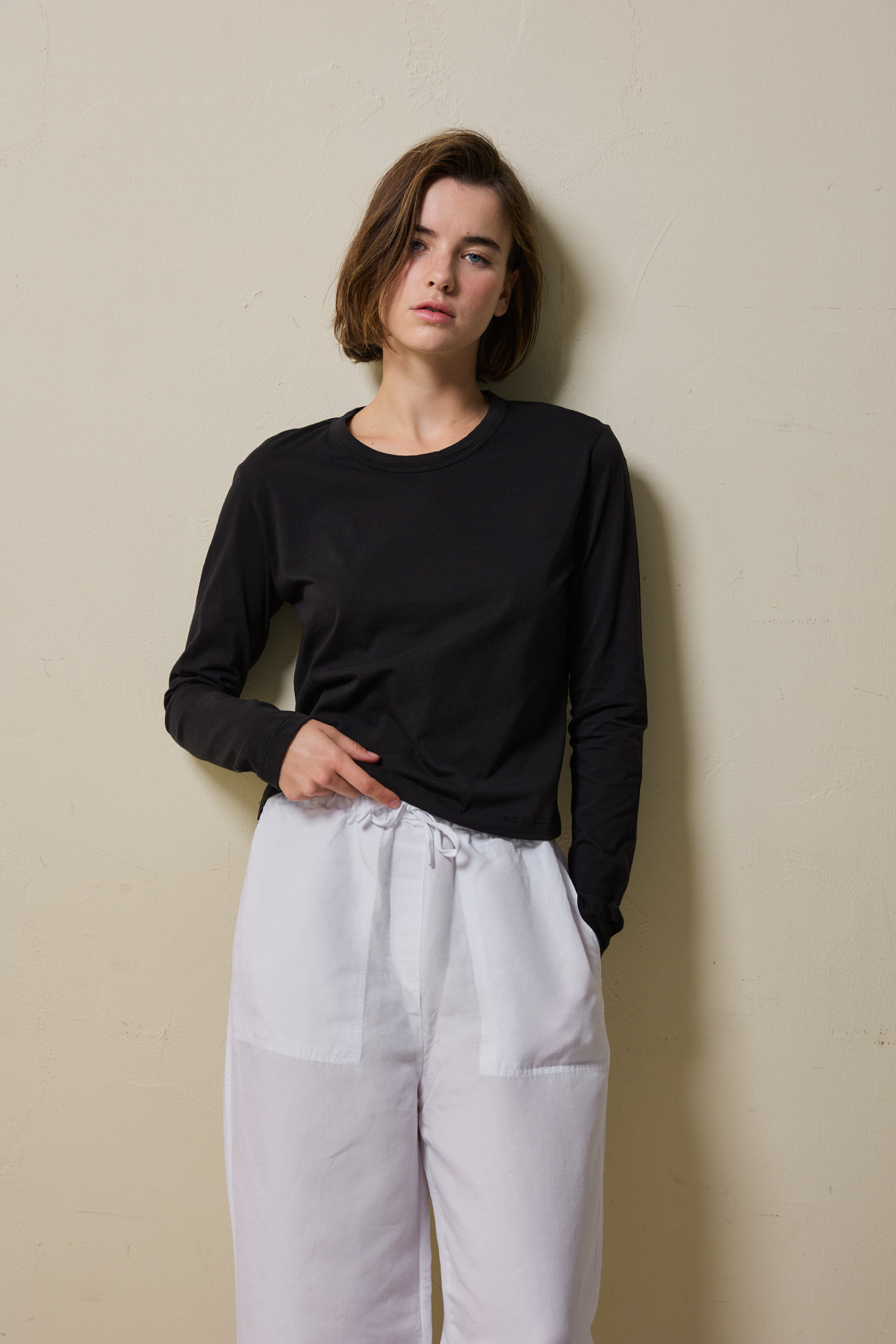Cotton Basic Slim Long Sleeve T-Shirt _ Black