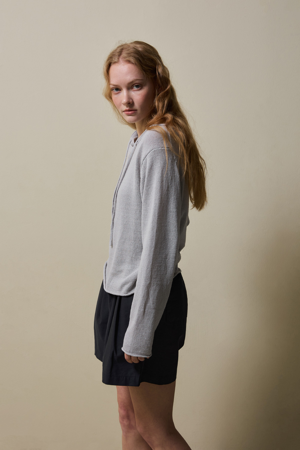 Airy Linen Blend Slim Knit Hoodie _Soft Grey