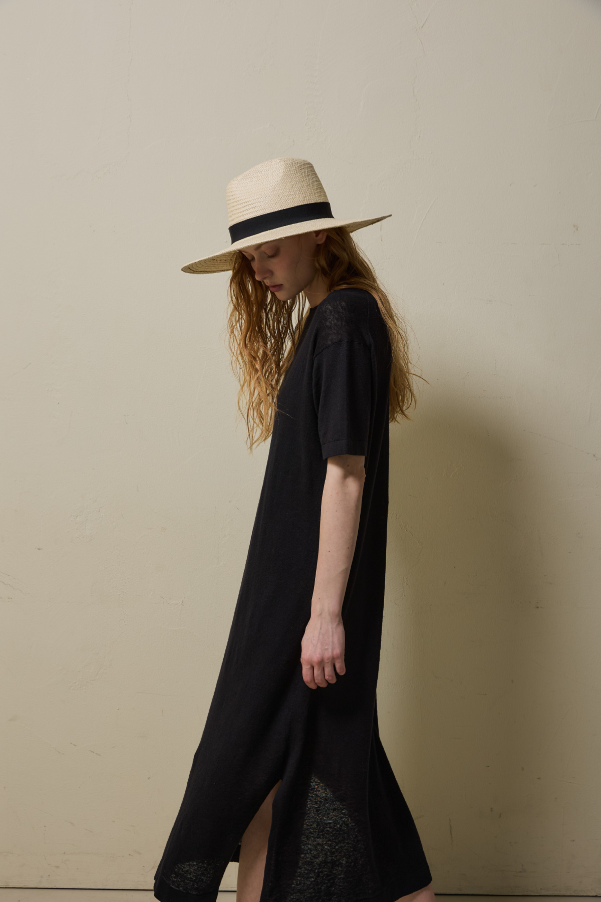 Linen Cotton Knit Long Dress (Slip Set) _ Pure Black