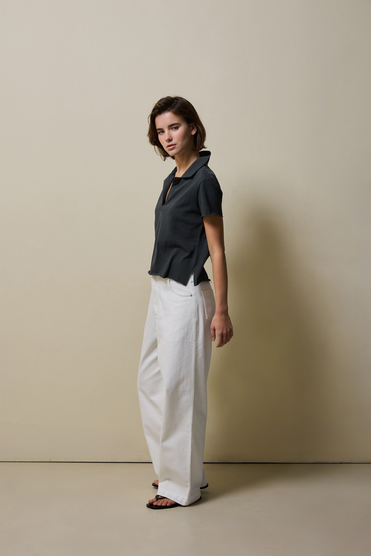Cotton Jersey Collared T-Shirt _ Deep Charcoal