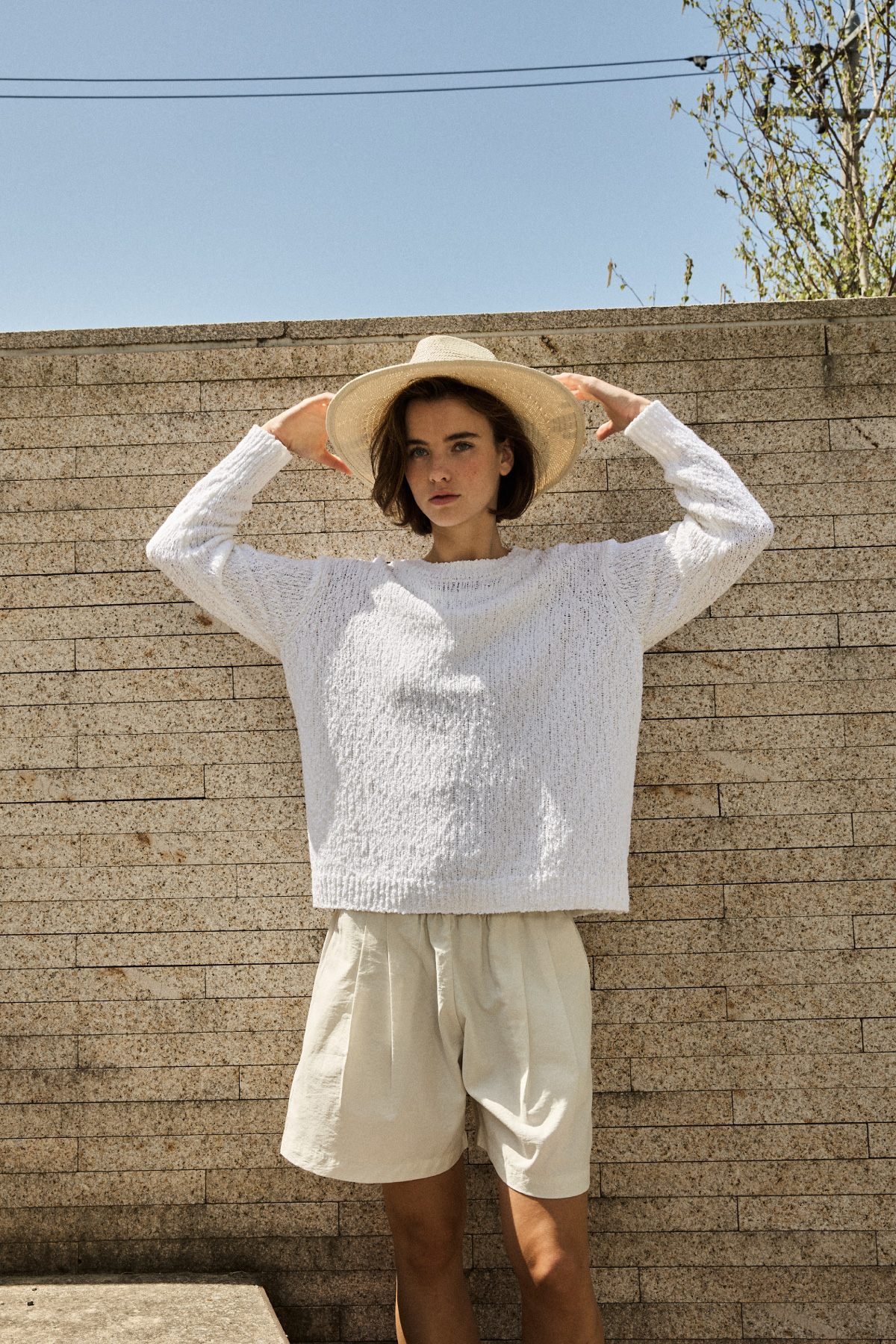Cotton Blend Double Pleat Banding Shorts _ Pure Ivory