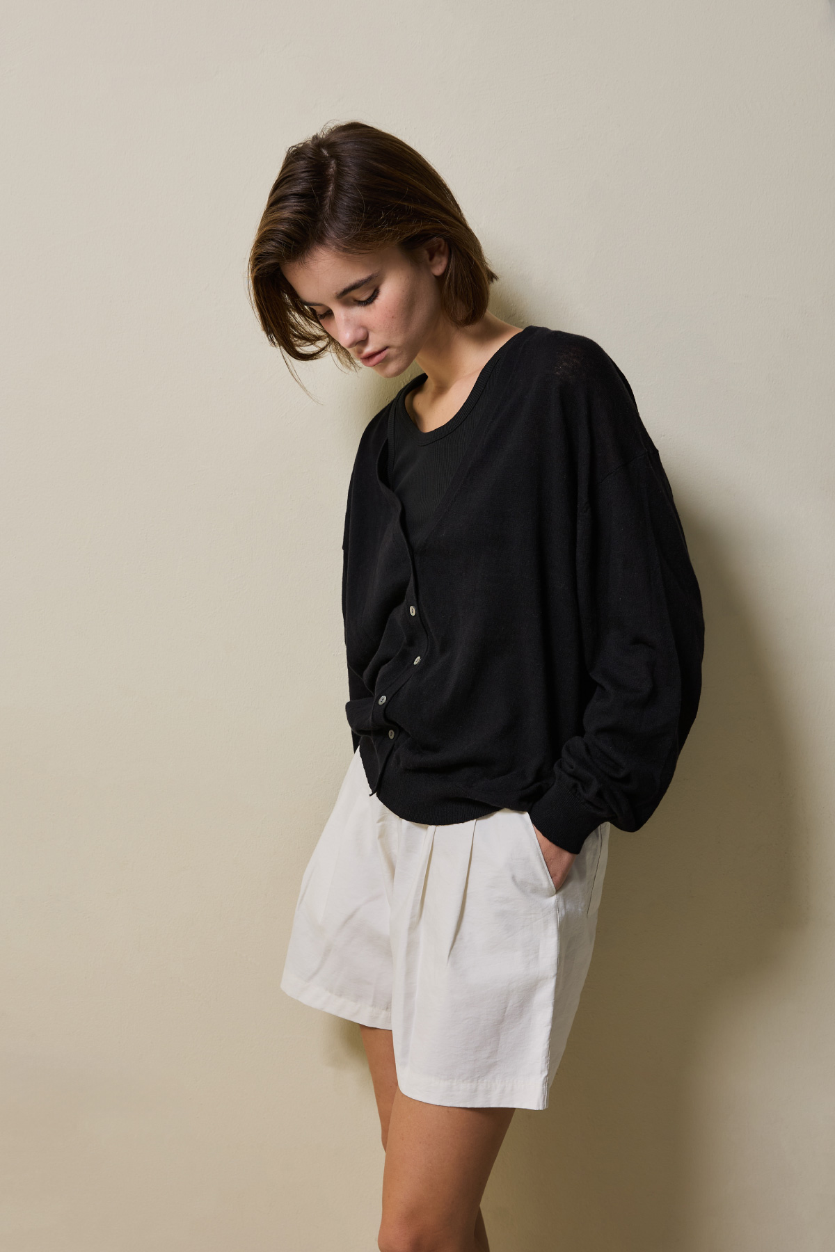 Linen Cotton Loose Fit Knit Cardigan _ Pure Black