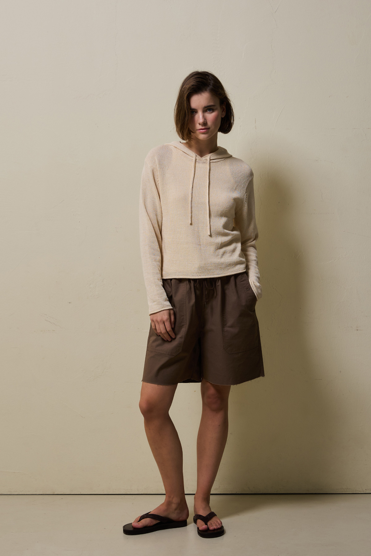 Airy Linen Blend Slim Knit Hoodie _ Soft Light Beige