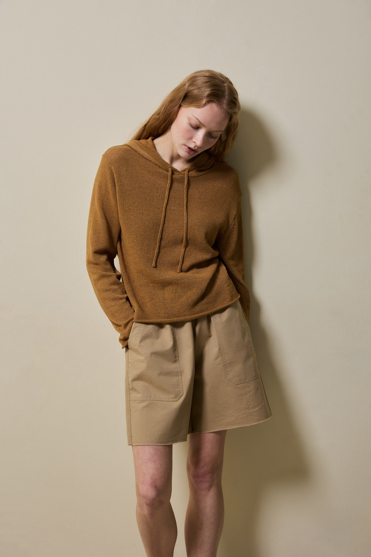 Airy Linen Blend Slim Knit Hoodie _ Camel Brown