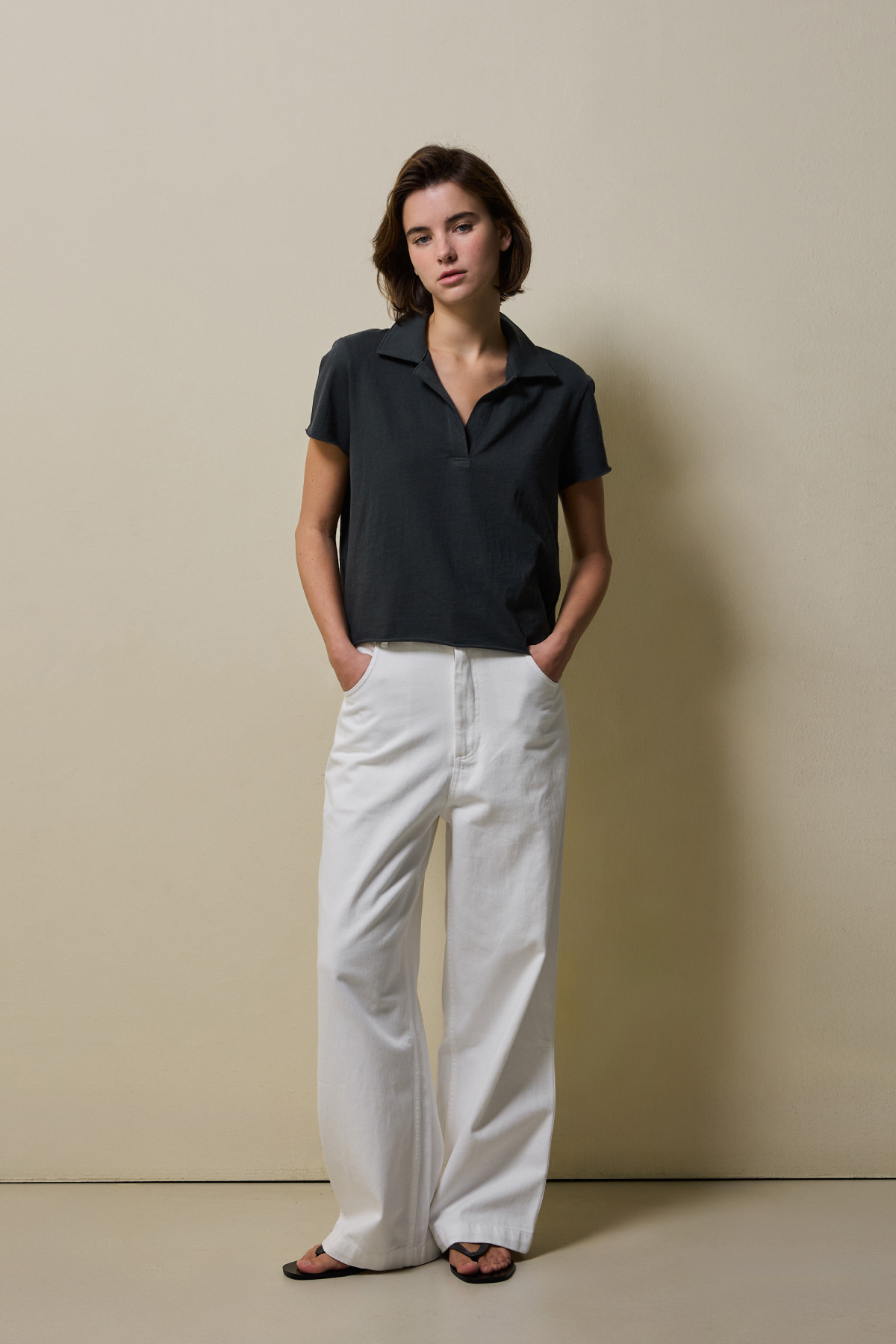 Cotton Jersey Collared T-Shirt _ Deep Charcoal