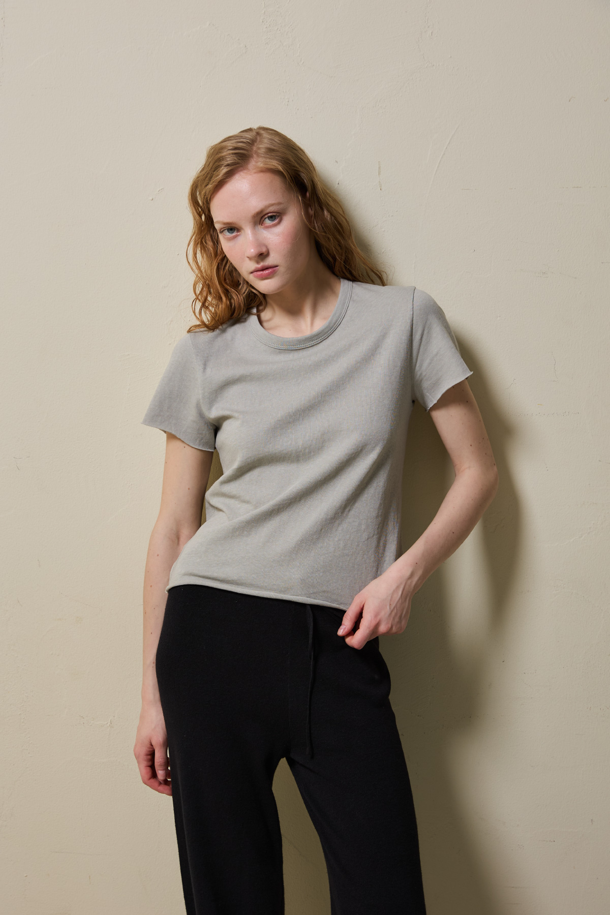 Cotton Jersey Rolled Edge T Shirt _ Olive Grey