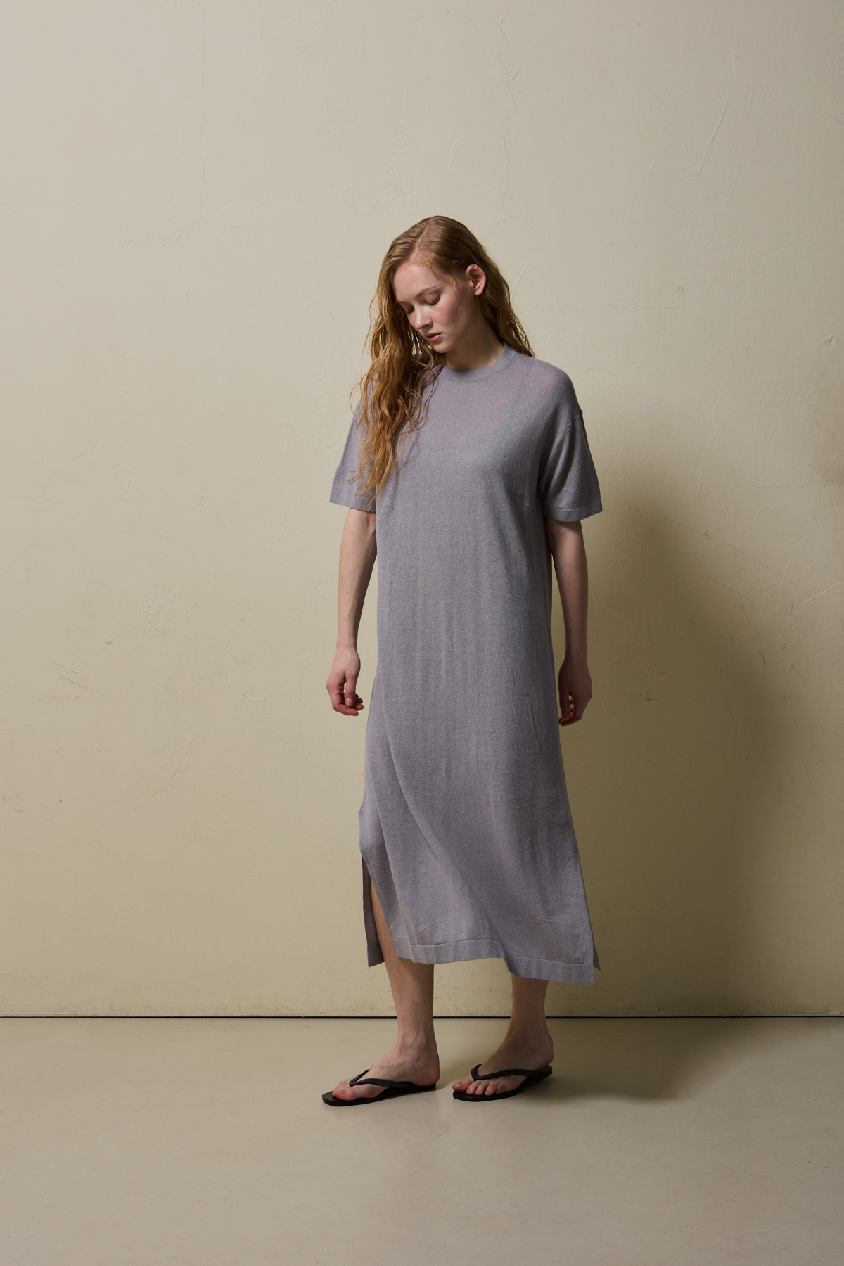 Linen Cotton Knit Long Dress (Slip Set) _ Cool Grey