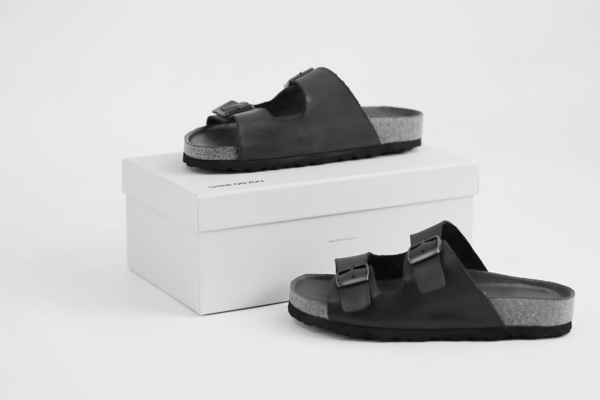 Washed Cowhide Buckle Slide Sandals