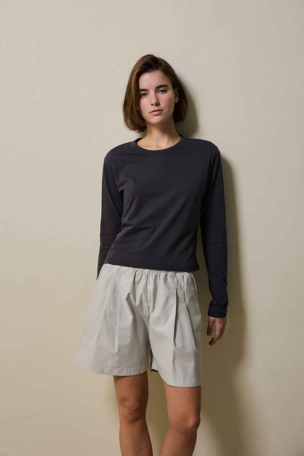 Cotton Basic Slim Long Sleeve T-Shirt _ Deep Charcoa