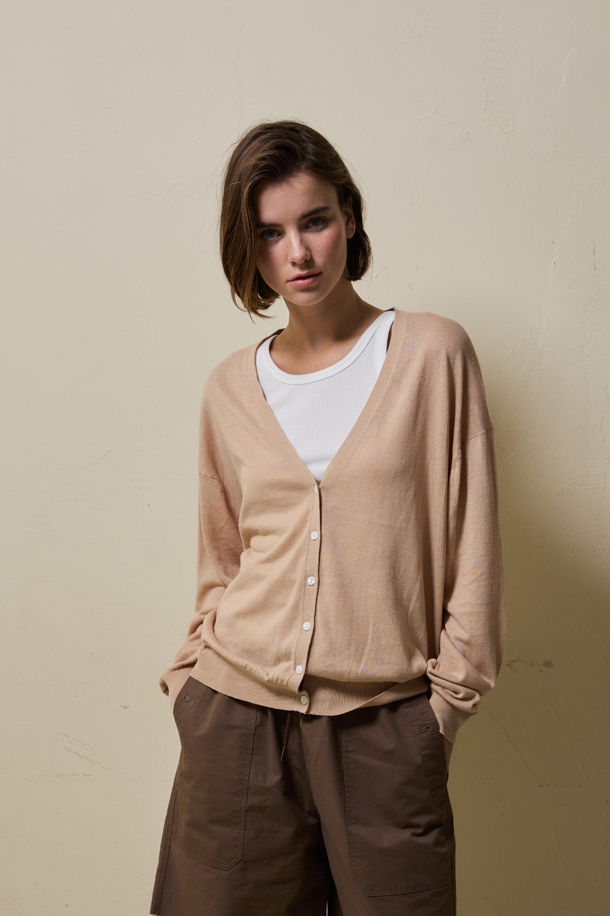 Linen Cotton Loose Fit Knit Cardigan _ Neutral Beige