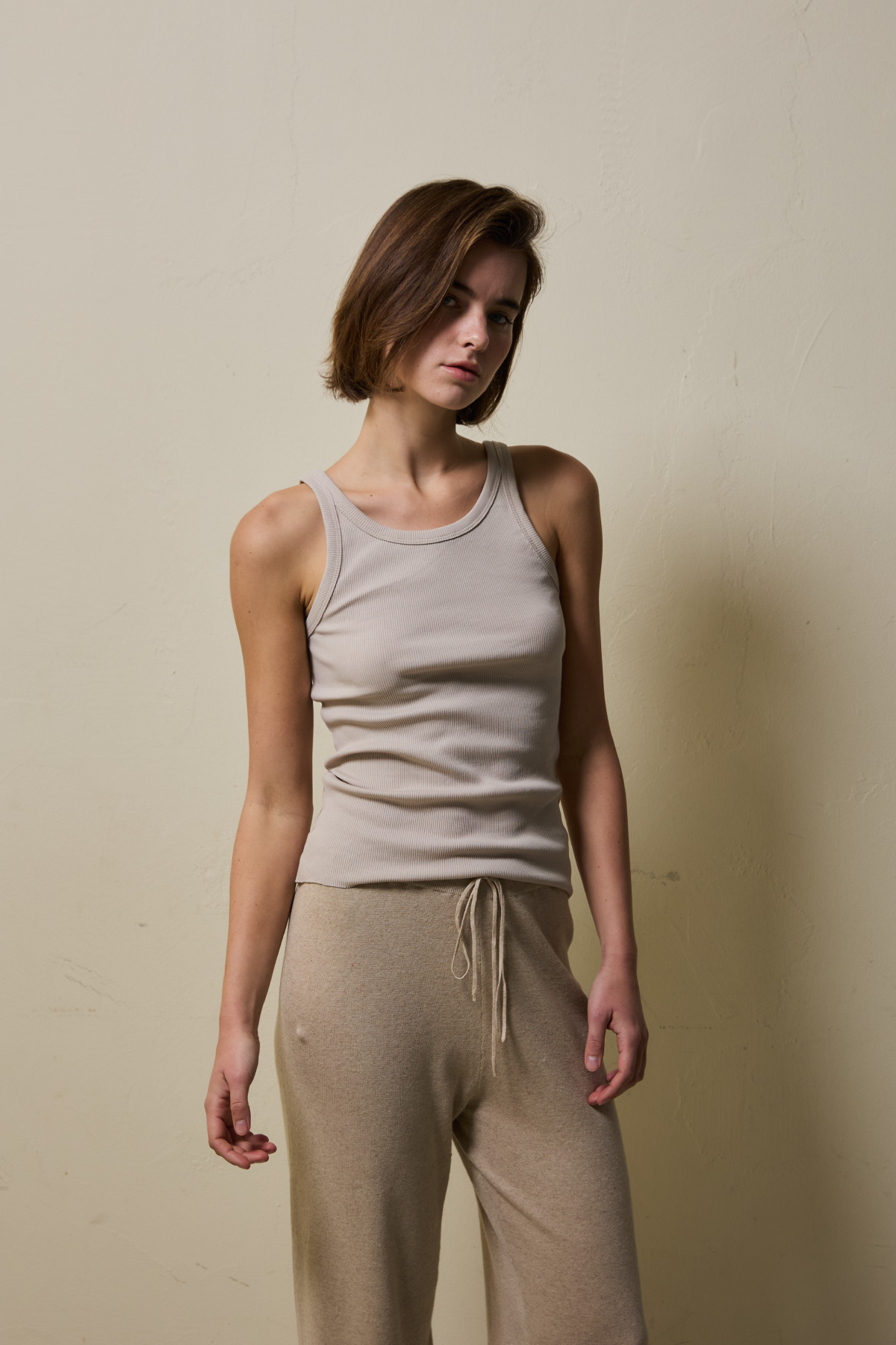 Cotton Rib Slim Sleeveless Top _ Sand Beige