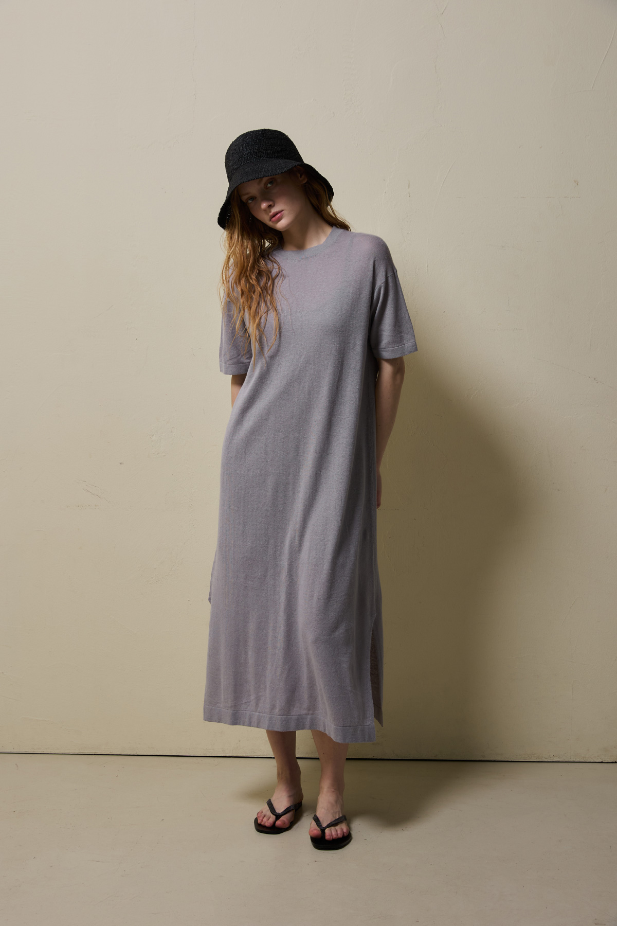 Linen Cotton Knit Long Dress (Slip Set) _ Cool Grey