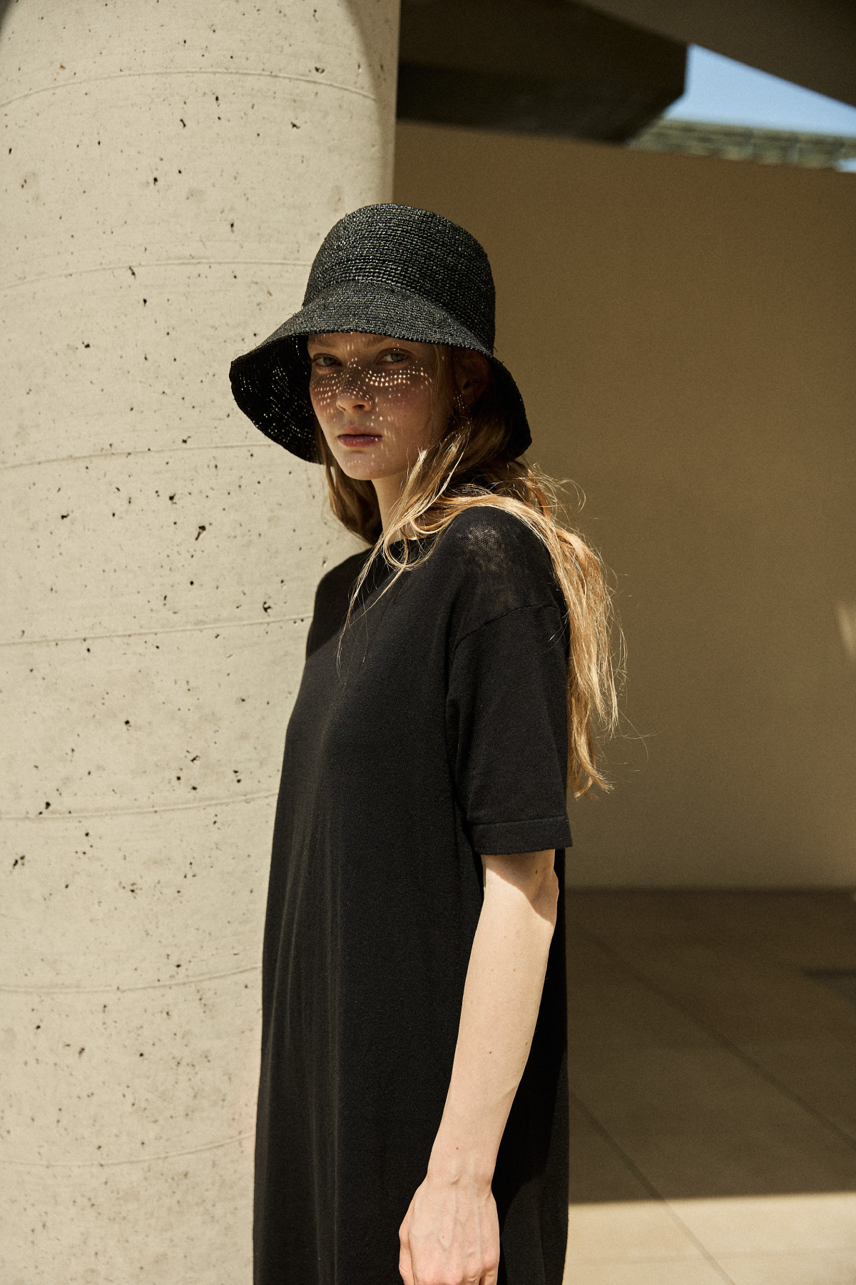 Linen Cotton Knit Long Dress (Slip Set) _ Pure Black