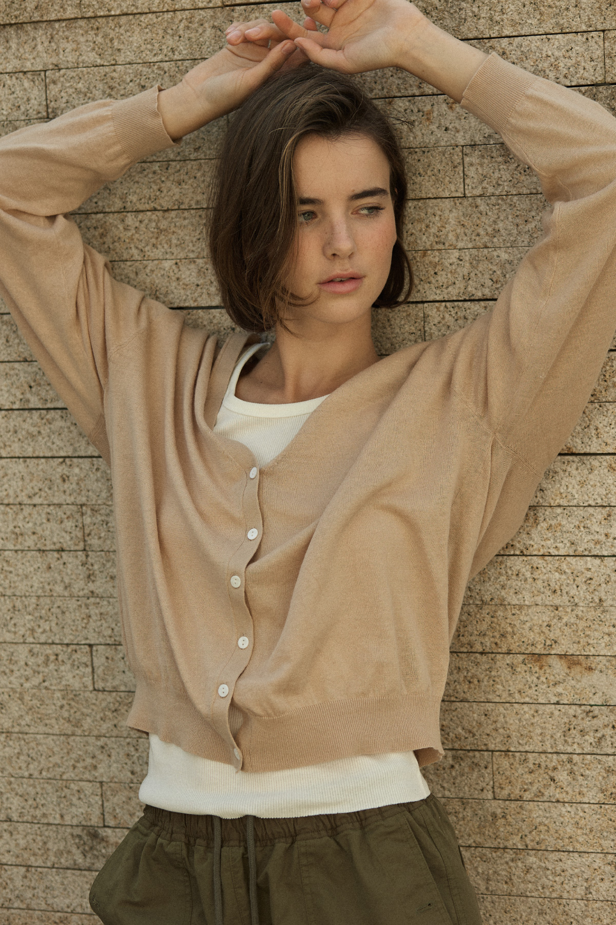 Linen Cotton Loose Fit Knit Cardigan _ Neutral Beige