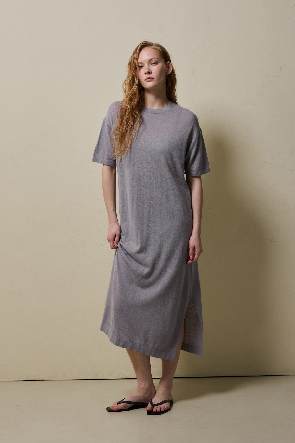 Linen Cotton Knit Long Dress (Slip Set) _ Cool Grey