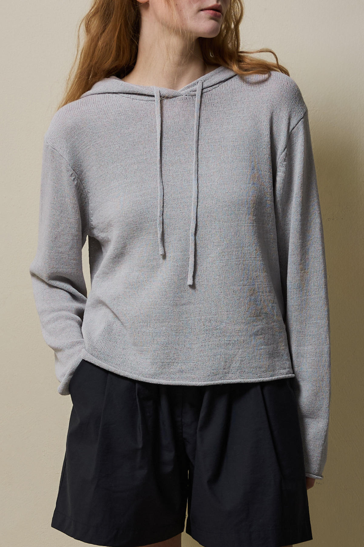 Airy Linen Blend Slim Knit Hoodie _Soft Grey