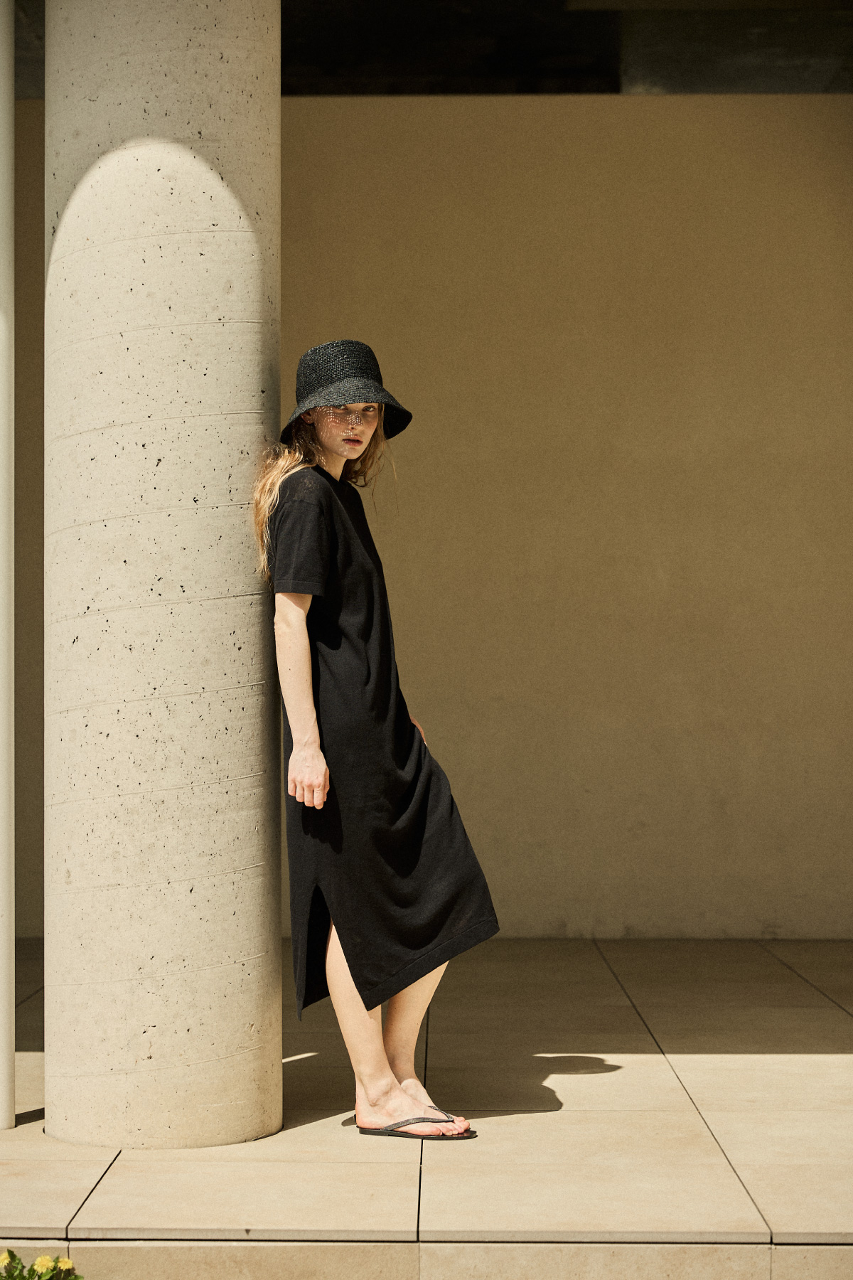 Linen Cotton Knit Long Dress (Slip Set) _ Pure Black