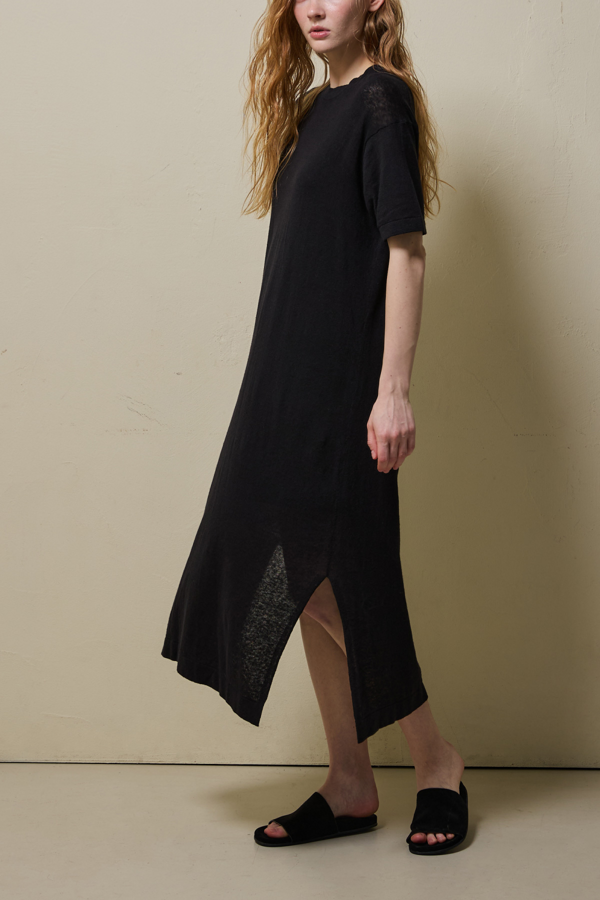 Linen Cotton Knit Long Dress (Slip Set) _ Pure Black